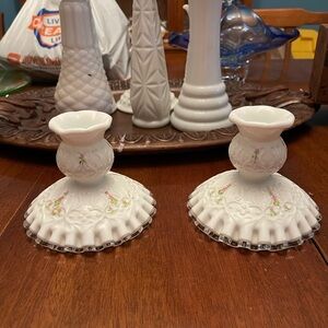 Vintage Fenton Silver Crest Milk Glass Candle Holders Hand-painted And Signed